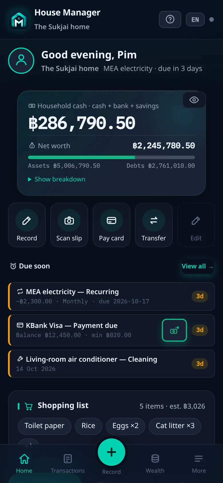 House Manager Home screen: greeting, household cash ฿286,790, shortcuts and what is due soon